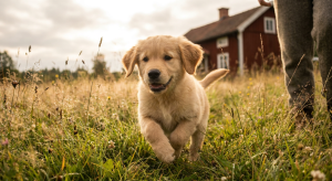 En glad Golden Retriever-valp leker i grönt gräs.