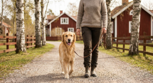 En glad golden retriever på promenad i parken för att passa hund under arbetstid