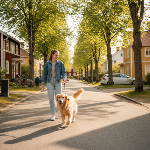 Kvinna rastar glad golden retriever i svenskt bostadsområde – uppfyll djurskyddslagens krav med Fetch